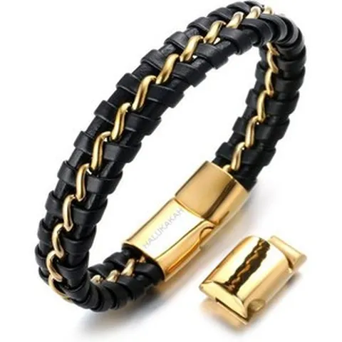 할루카카 ● 솔로 남성용 가죽 팔찌 24k 리얼 골드/플래티넘/로듐 도금 골든 실버 블랙 티타늄 체인 마그네틱 걸쇠 8.5-9(21.5-23cm) 무료 기프트박스 포함