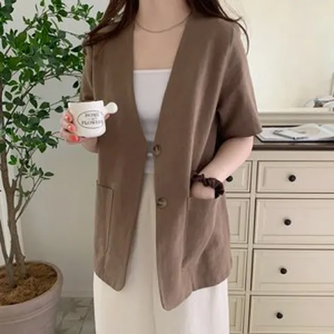 여름 노카라 여성 린넨 반팔 자켓 마 자켓 오버핏 검정 아이보리