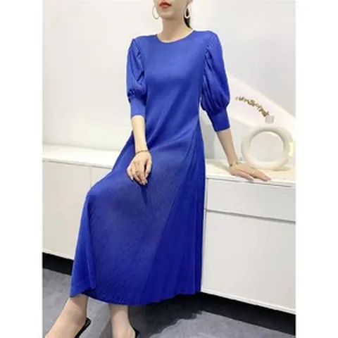 퍼프 7부 여름 플리츠 원피스 롱플리츠원피스 여자 루즈핏 주름옷 40대 50대 데일리룩