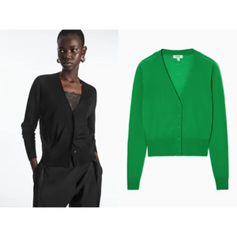 코스 브이넥 메리노 울 가디건 브라이트 그린 블랙 1142261004 1142261001