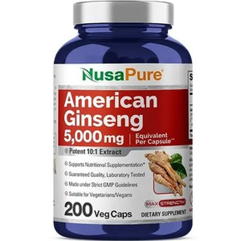 미국 인삼 5000mg - 식물성 캡슐 200개 (채식주의자 GMO 프리 및 글루텐 프리), 1개