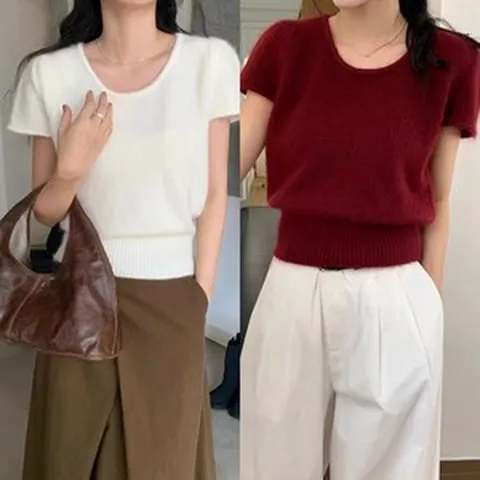 유넥 알파카 앙고라 가을 겨울 퍼프 시보리 반팔 니트 4color