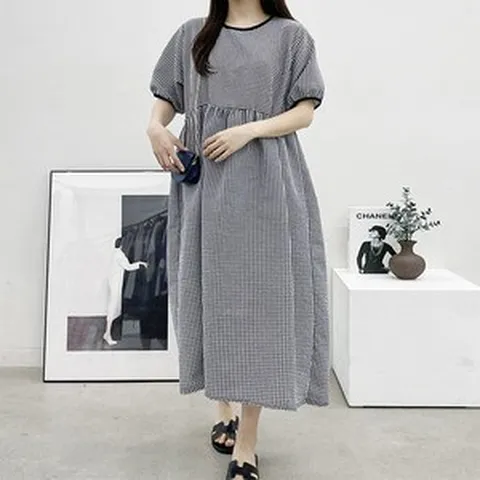 원앤맘 여름 지지미 원피스 시원한 시어서커 체크 롱 원피스 빅사이즈