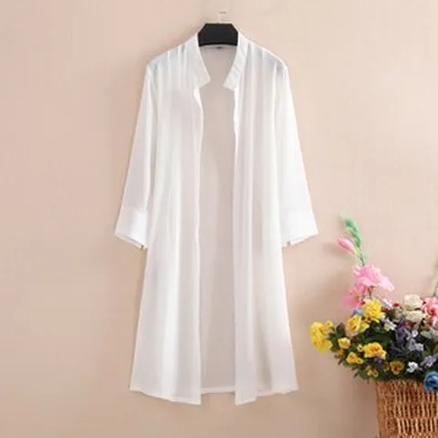 XXJCKS031빅 사이즈 여름 롱셔츠 쉬폰 시스루 7부 비치웨어 루즈핏 숄가디건