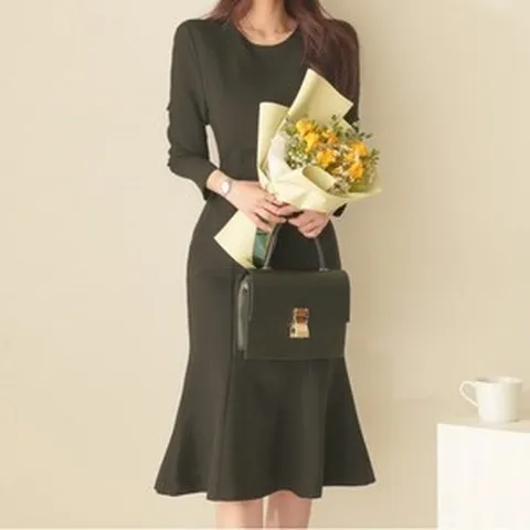 쪼예 하객룩 뒷리본 머메이드 긴팔 원피스