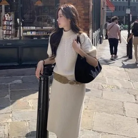 여성 빈티지 우아한 폴로 터틀넥 케이블 니트 반팔 스웨터 다목적 엉덩이 커버 스커트 세트