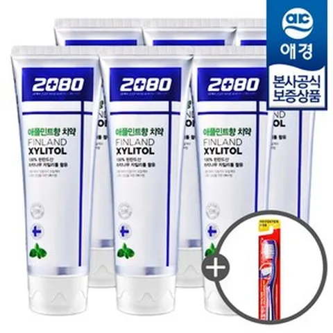 [애경] 2080 X 자일리톨 애플민트향 치약 100g x6개 +칫솔1입 증정, 단일속성, 상세 설명 참조