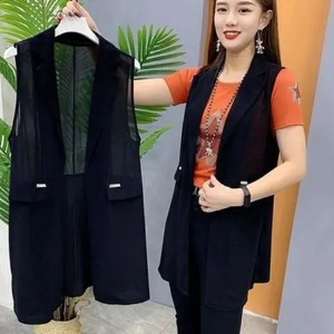 정장 조끼 베스트 여성 롱 쉬폰 세미 정장베스트 오피스록 봄 여름 가을 롱조끼 D99U