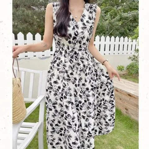 엘라데이 휴양지 바캉스 동남아 여행 민소매 나시 플라워 빅사이즈 쉬폰 롱여자원피스