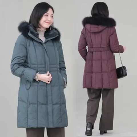 애비뉴투지 엄마옷 마담 폭스 여우털 후드 토끼털 렉스 카라 구스 겨울 허리벨트 롱 패딩 빅사이즈 J12364