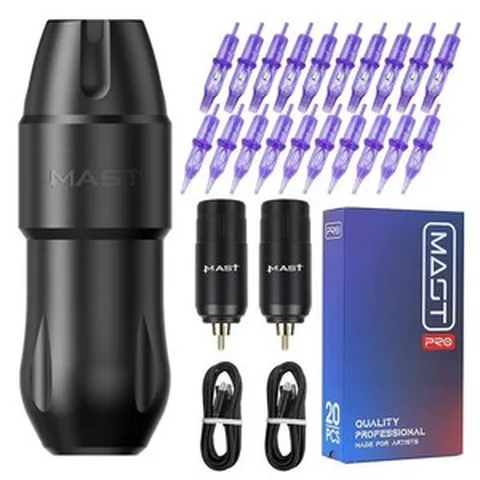 마스트 타투 투어 펜 머신 kit 무선 배터리 2개 전원 공급 장치 두피용 카트리지 바늘 20개 파인, Tour Pro Two Batteries Kit, 1개