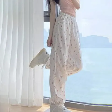 besteffie 꽃무늬바지 여름 여성용 루즈핏 통바지 캐주얼 조건팬츠 플라워 편한 빅사이즈 여자 긴바지 C55