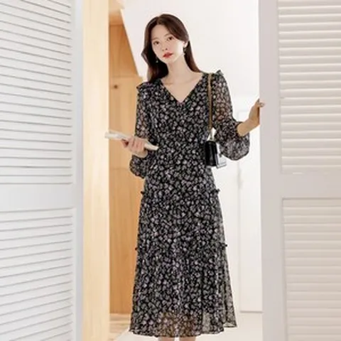 시크라인보일 플로랄 티어드 프릴 쉬폰 원피스 빅사이즈모임룩나들이룩