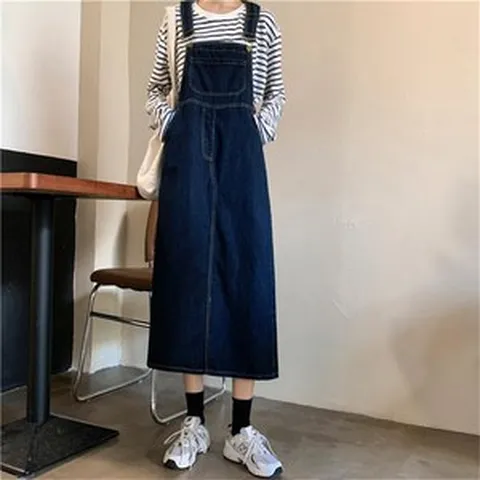 besteffie 멜빵원피스 여성 레트로 캐주얼 청 멜빵 롱 원피스 여성 멜빵치마 데님 롱원피스 E88