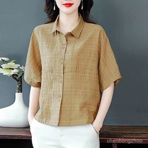 중년 여성 여름 반팔 면 마 티셔츠 캐주얼 브이넥 상의 루즈핏 스트라이프 면 마 티셔츠 빅사이즈 ZZL