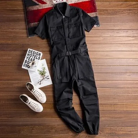 Ogfaour 남자 점프수트 반팔 작업복 여름 멜빵바지 코튼 바디슈트 셔츠 카라 점프슈트 카고 오버롤