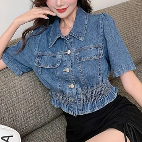 트루픽 데님 크롭 자켓 셔츠 카라 포켓 반팔 허리 셔링 캐주얼 여름