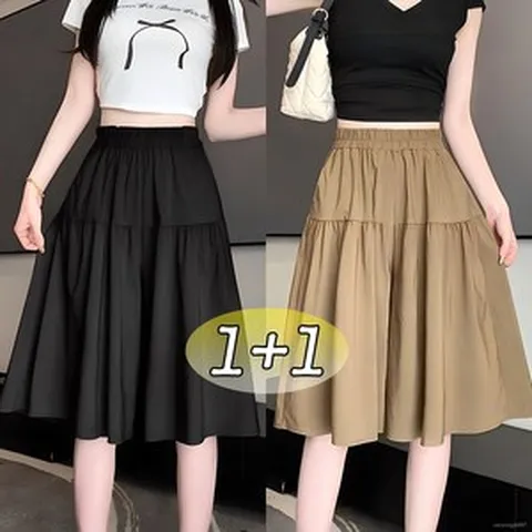 YLEMI 1+1 (2장 한세트) 살랑 통 치마바지 밴딩 플레어 5부
