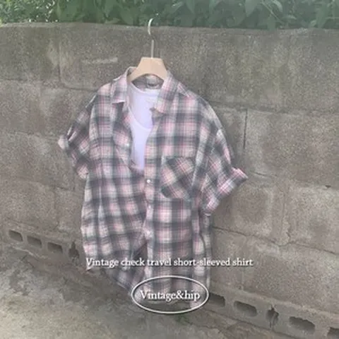 [빈티지체크/여름감성*.*] 여행 휴가룩 여름원단! 에일리 오버핏 체크 반팔 셔츠 남방 #너드룩 #긱시크 - 2color