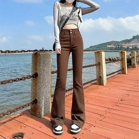 여성 부츠컷 데님 청바지 라운드라운드브이 봄 슬림 플레어 바지 배 모양의 하이 웨스트 부츠 컷