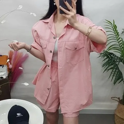 제이후 루즈핏 캐주얼 반팔 셔츠 반바지 여성 투피스 세트