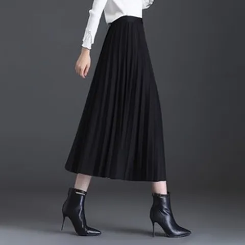 POMTOR 가을 겨울 여성용 그레이 플리츠 니트 롱 스커트