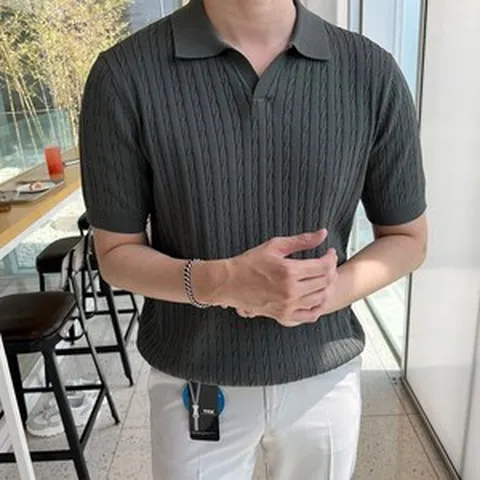 여름 쿨 케이블 오픈 카라 얇은 남자반팔니트