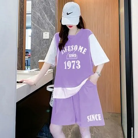 트레이닝복 세트 여성 여름 패션 반팔 투피스 슬림핏 캐주얼 투피스
