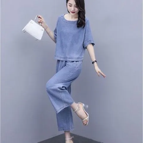 티류으스 빅사이즈 루즈핏 텐셀 데님 와이드 팬츠 세트 여 여름 캐주얼 패션 투피스 여성복 F24K0612