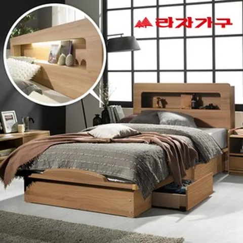 라자가구 BEST 크림슨 아이크 LED 조명 침대 + 9존 독립매트리스 서랍 슈퍼싱글침대 퀸침대, 01.크림슨LED 서랍침대_SS_내추럴, 채움9S 라텍스9존독립매트리스