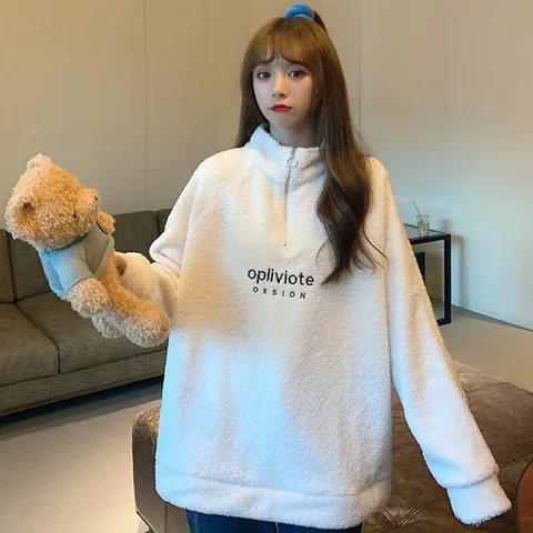 루다 포근 양털 반집업 여성 오버핏 롱 맨투맨