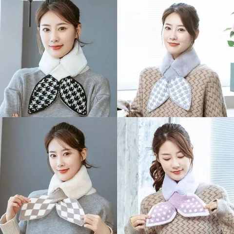 (앙상블) 리본 나염 퍼 니트 머플러 목도리 스카프