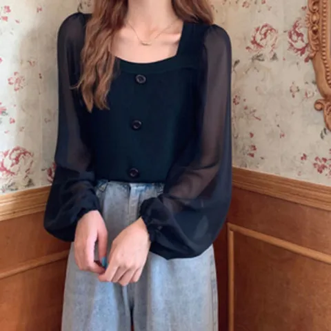 식스에비뉴 피더 쉬폰 블라우스 니트