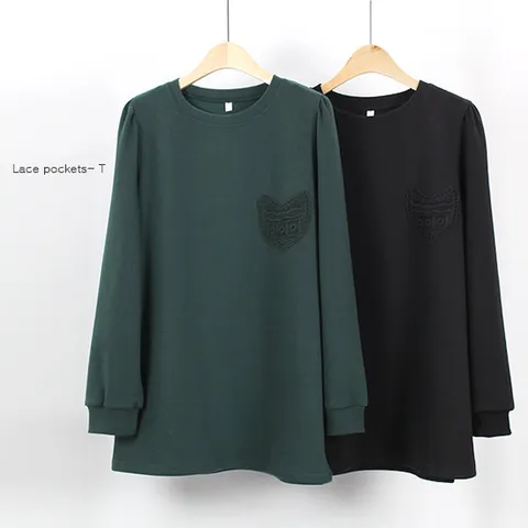 [해피통통] 빅사이즈 레이스 포켓 긴팔티 루즈핏 셔링 큐티 여성의류