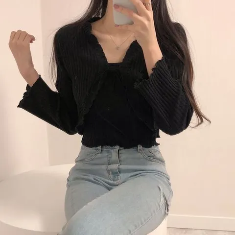 [러블리/set ] 프릴 크롭 가디건+나시 세트