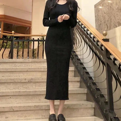 슬림핏 골지 유넥 뒷트임 롱 원피스_체리체리