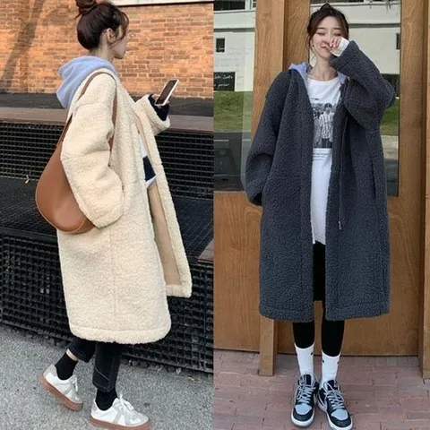 [깨비몰][깨비몰]여성 루즈핏 양털 후드점퍼 베이직 롱코트 (797