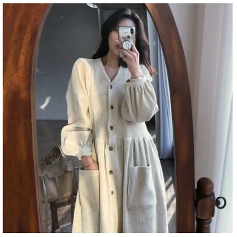 로미홀리-여성 가을 겨울 시크한 브이넥 벨벳 긴소매 롱원피스