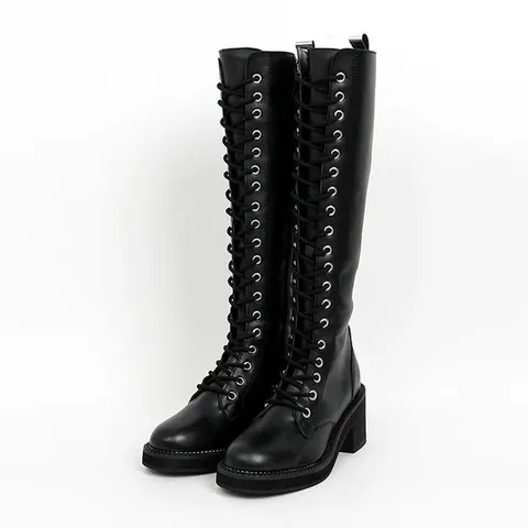 [ 롯데백화점 ][신난다슈]롱부츠 레이스업 롱워커 6cm 스퀘어토 통굽 키높이 여성부츠 TMZ200664 블랙