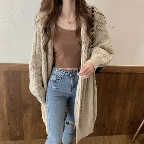 [기타브랜드]여성 가을 겨울 오버핏 꽈배기 윈터 롱 니트 가디건