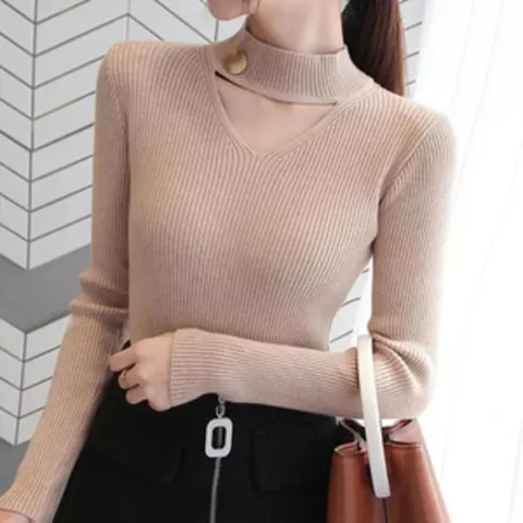 식스에비뉴 넥 포인트 슬림 골지 니트