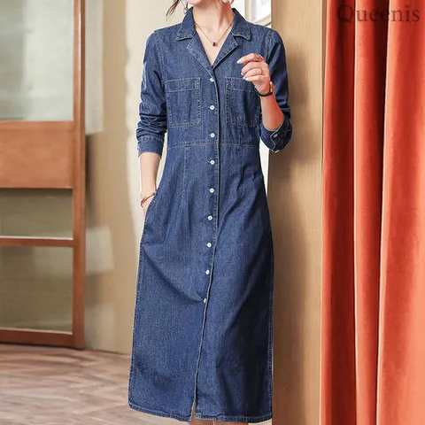 [퀸이즈][퀸이즈] [77까지]리피 셔츠형 데님 롱 원피스