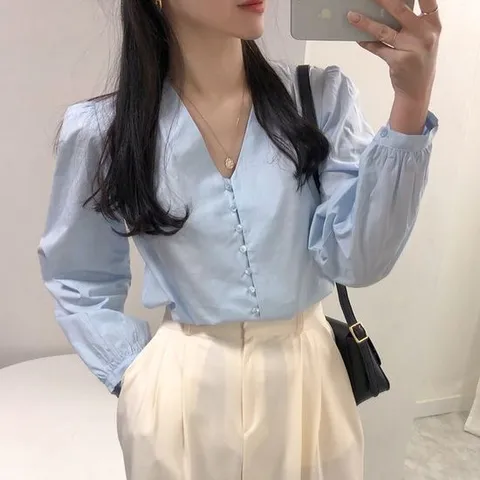 [고급스러움 /3color] 퍼프 브이넥 면 블라우스_체리체리