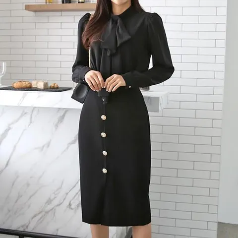 여자 러플 정장 투피스 H라인 리본타이 검정색 원피스