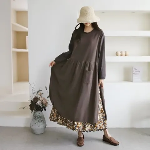 [코지]여자 중년여성 플라워 레이어드 루즈핏 긴소매 롱원피스