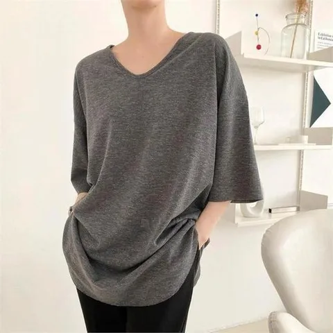 [다잇템]여자 V넥 튜닉 박시핏 부드러운 티셔츠 (8157096)