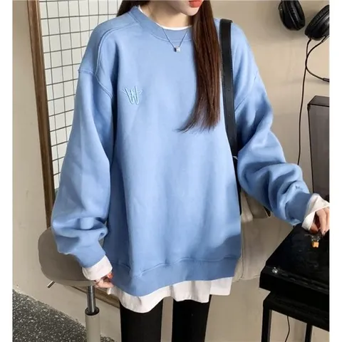 [드레스허그]T 자수 얇은 라운드 칼라 맨투맨