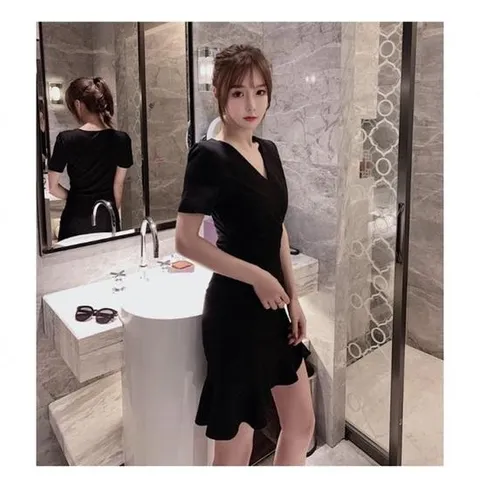 [깨비몰] 여성 봄 가을 블랙 프릴 언발 트임 미니원피스