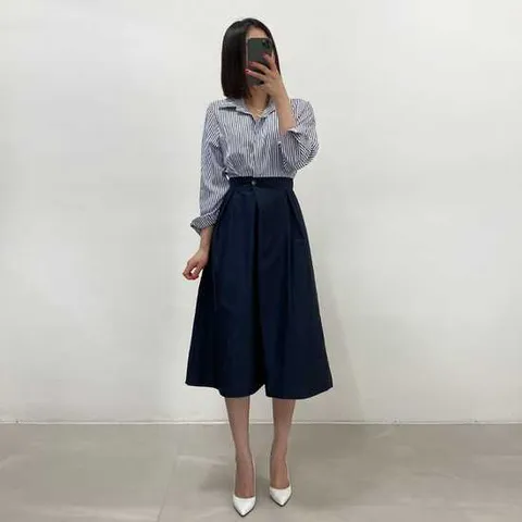 미즈큐즈 / 스트라이프 카라 배색 뒷밴딩 셔츠 랩원피스