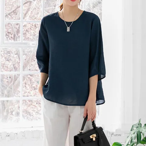 [바바라옷장][L~2XL] 인견_베이직 셔링 7부 블라우스/컬러추가/